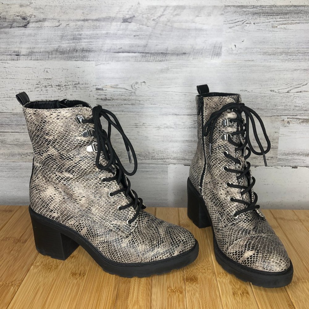 Shoe Dazzle Snake Print Chunky Heel Combat Boots